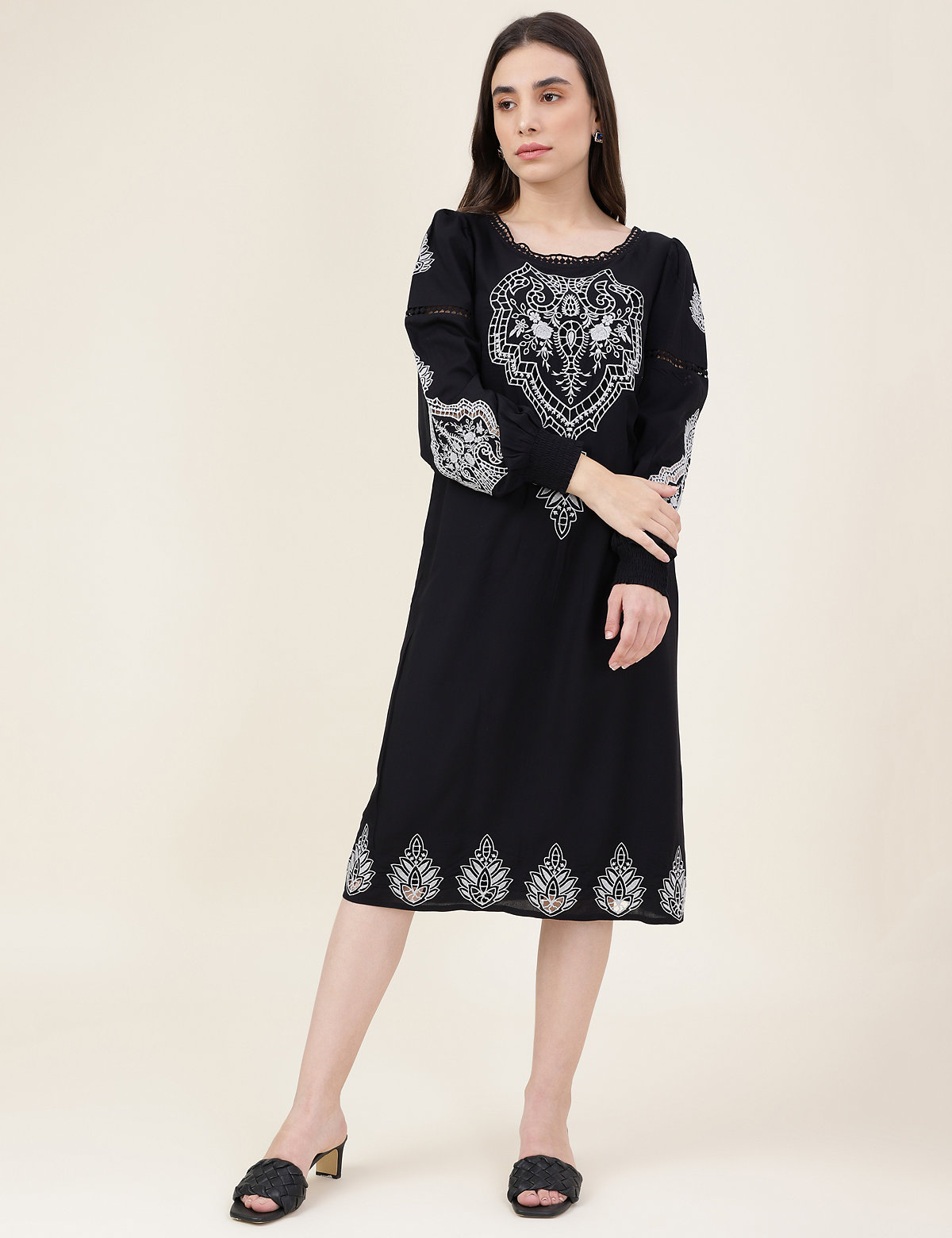 Pure Viscose Embroidered Boat Neck Dress
