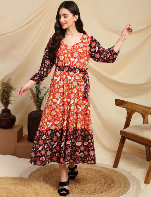 Pure Viscose Floral V Neck Dress