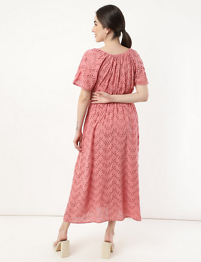 Pure Viscose Embroidery Tie-Up Neck Dress