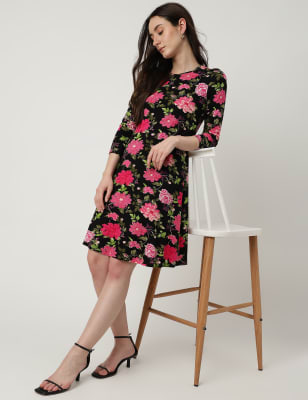 Viscose Mix Floral Print Round Neck Dress