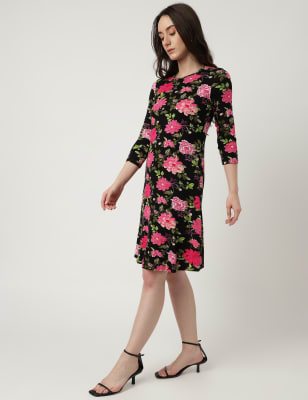Viscose Mix Floral Print Round Neck Dress