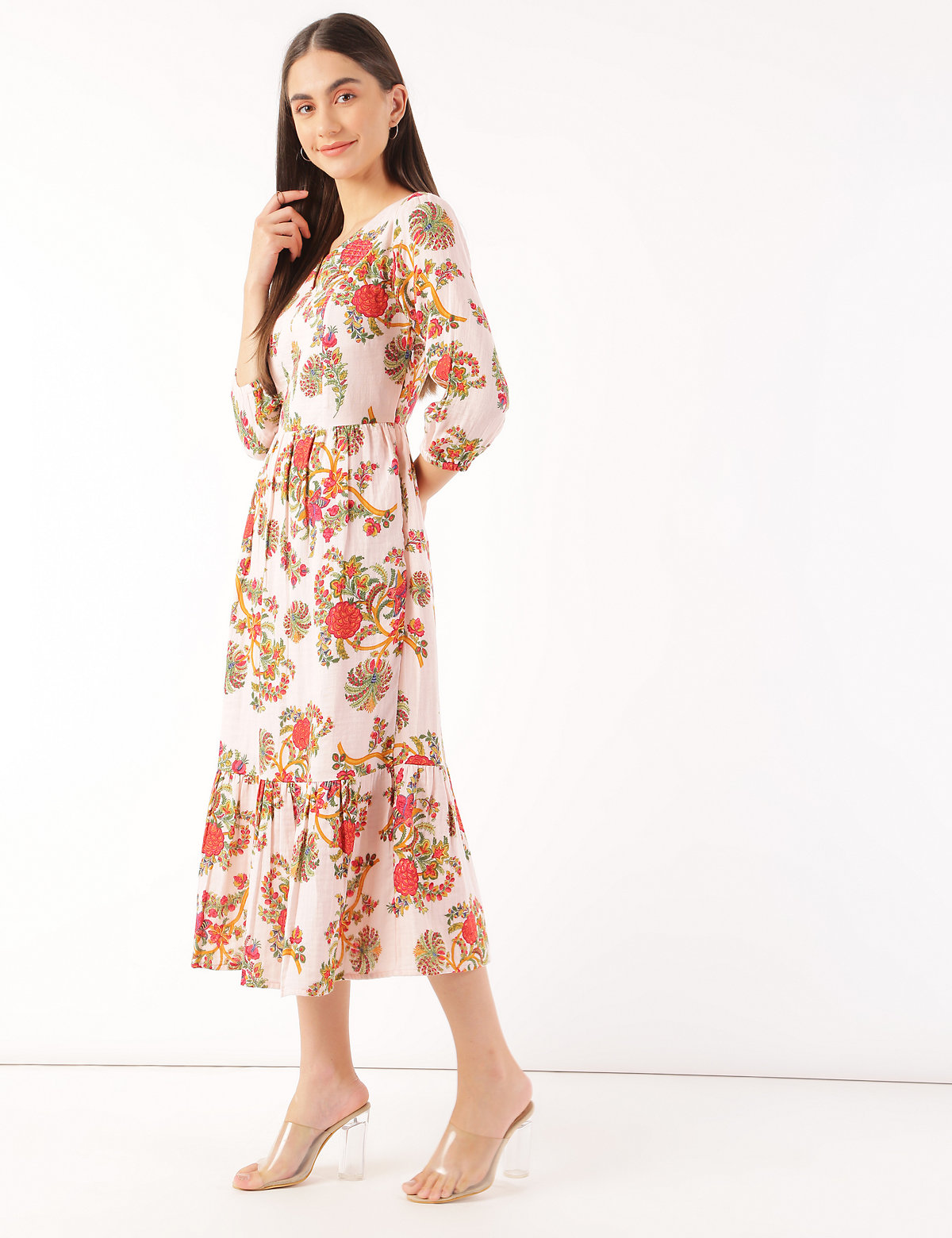 Pure Cotton Floral Print V-Neck Dress