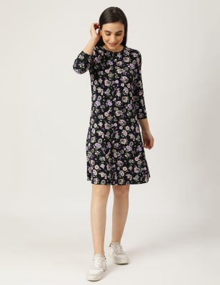 Viscose Mix Floral Print Round Neck Dress