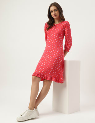 Red Polka Dots A Line Straps Ruffle Chiffon Long Party Dress