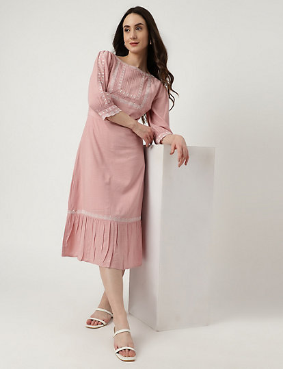 Viscose Mix Embroidered Boat Neck Dress