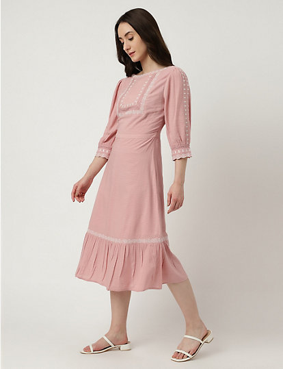 Viscose Mix Embroidered Boat Neck Dress