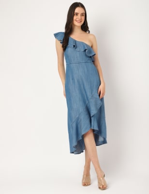 Pure Tencel Plain One Off-Shoulder Dress