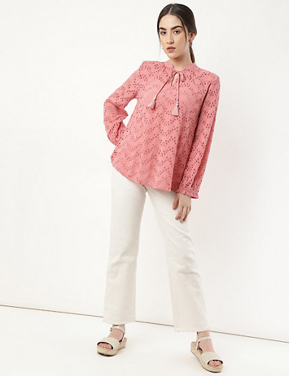 Pure Cotton Embroidery Tie-Up Neck Blouse
