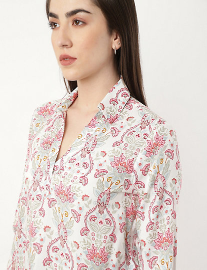 Pure Viscose Floral Collared Neck Blouse