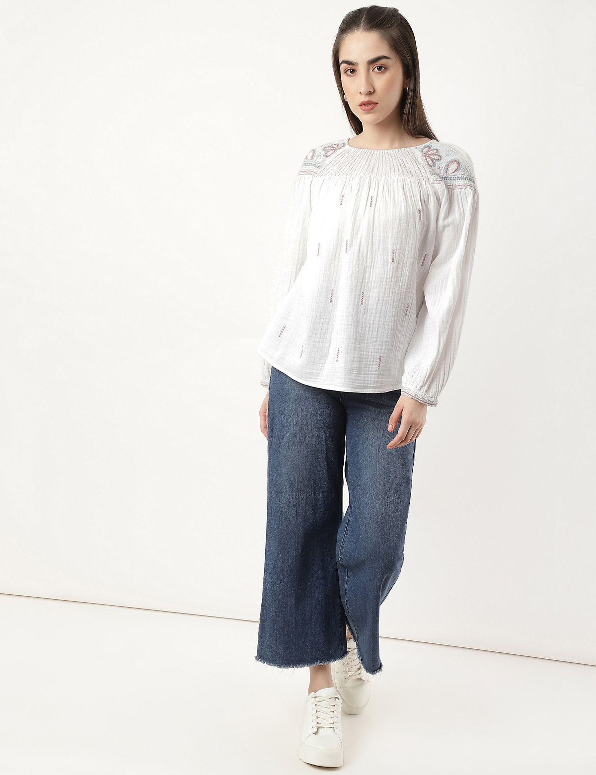 Pure Cotton Embroidery Round Neck Blouse
