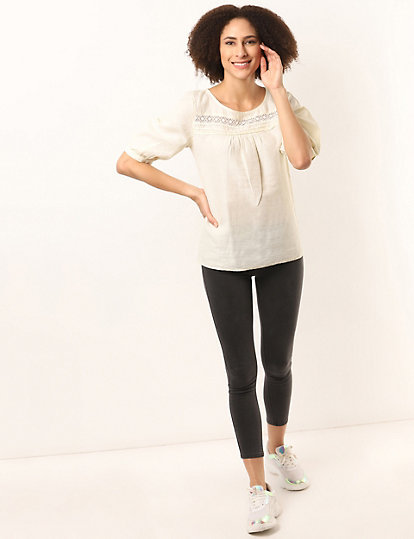 Flax Linen Mix Lace Round Neck Top