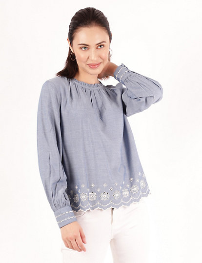 Pure Cotton Embroidered Crew Neck Top