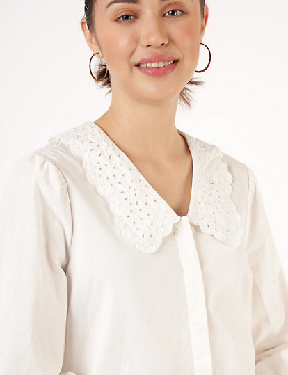 Pure Cotton Embroidered Puritan Collar Top