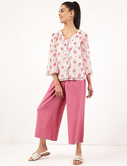 Pure Poly Floral Ruffle Neck Blouse