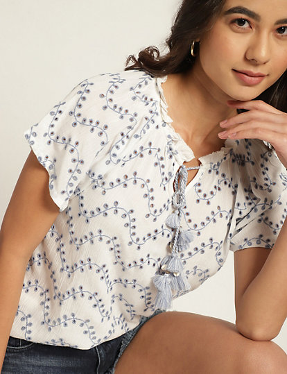 Pure Cotton Embroidery Tie-up Neck Top