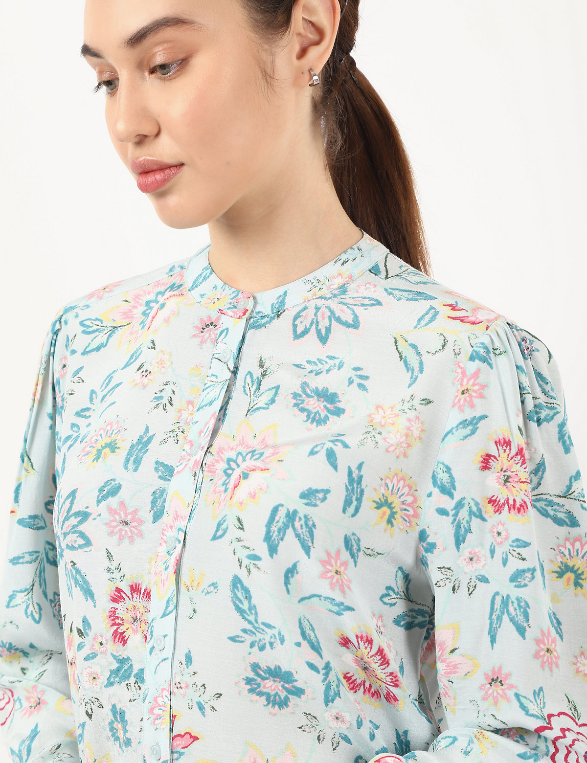 Pure Viscose Floral Mandarin Collar Shirt