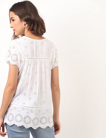 Pure Viscose Embroidered Keyhole Neck Top
