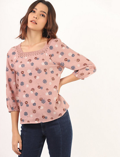 Flax Linen Mix Printed Square Neck Top