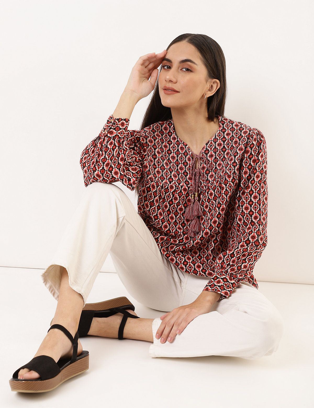 Pure Cotton Printed Tie-up Neck Blouse