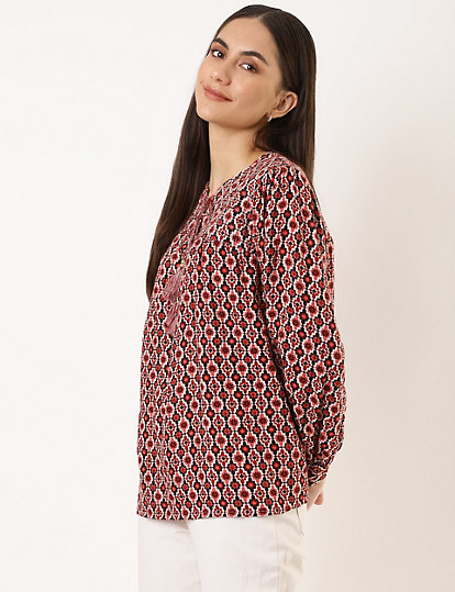 Pure Cotton Printed Tie-up Neck Blouse