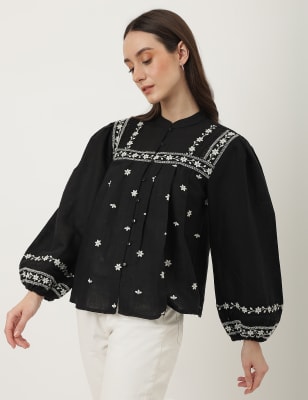 Handmade Green Linen Button Up Top With Mandarin Collar For Women, Breezy Summer Essential main image 0