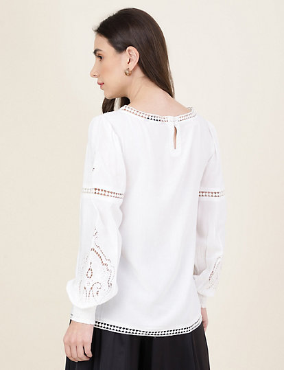 Pure Viscose Embroidered Boat Neck Top