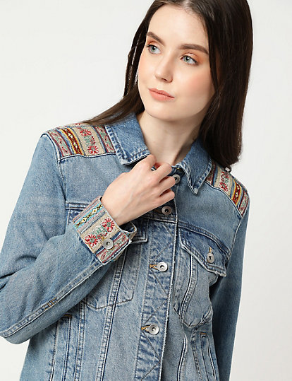 Pure Cotton Embroidered Collared Jacket