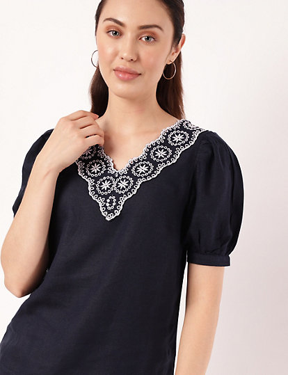 Flax Linen Mix Embroidered V-Neck Top