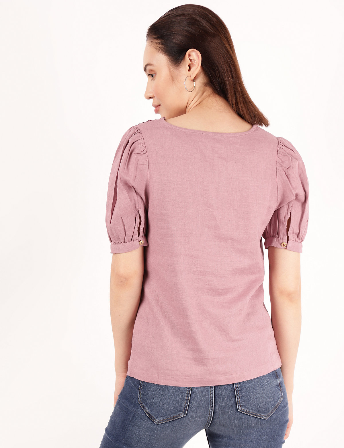 Flax Linen Mix Embroidered V-Neck Top