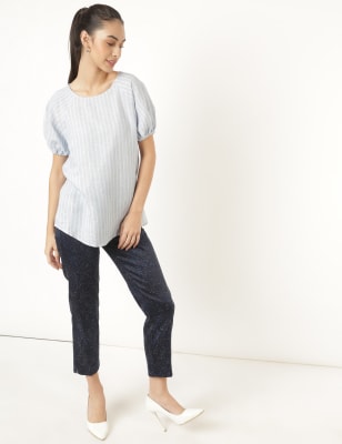 Flax Mix Striped Square Neck Blouse