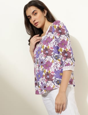 Linen Blend Round Neck Top with Scalloped Hem Set