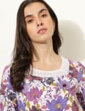Linen Blend Floral Print Square Neck Top
