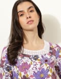 Linen Blend Floral Print Square Neck Top