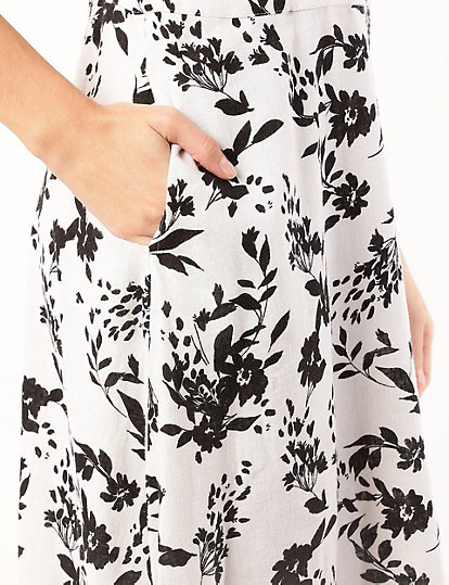 Linen Mix Floral Shoulder Straps Dress