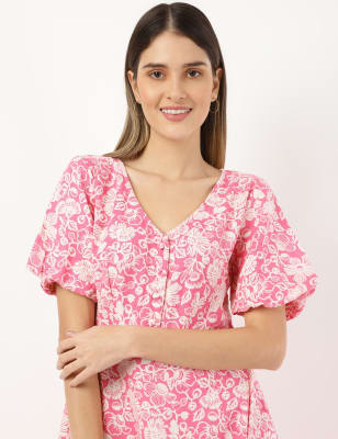 Linen Mix Floral V Neck Dress