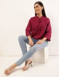 Linen Mix Plain Tie-Up Neck Top