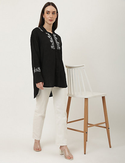 Linen Mix Embroidered Collared Neck Tunic