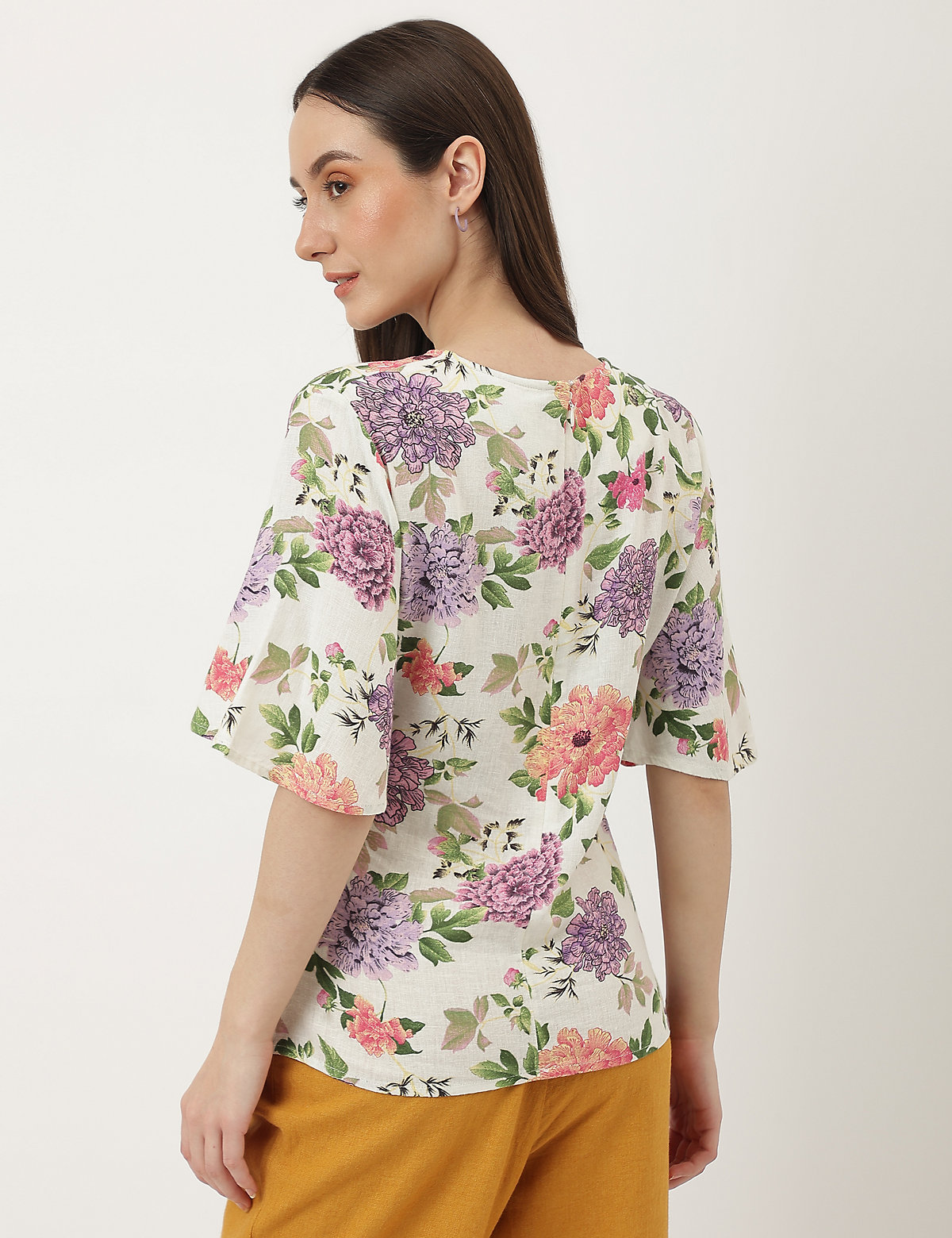 Linen Mix Printed Round Neck Blouse