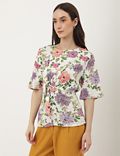 Linen Mix Printed Round Neck Blouse