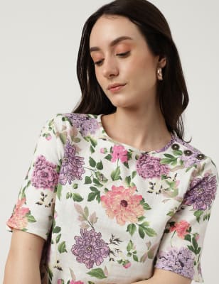 Linen Mix Printed Round Neck Dress