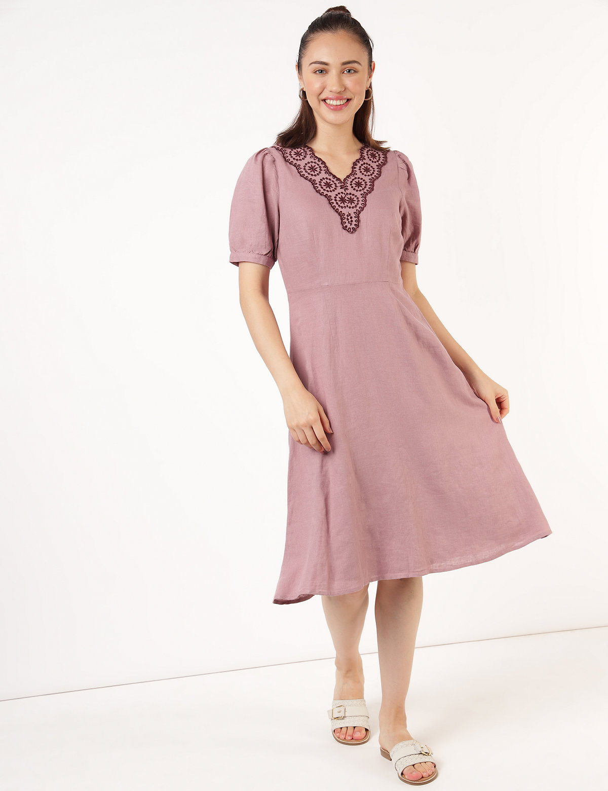 Flax Mix Embroidered Sweetheart Neck Dress