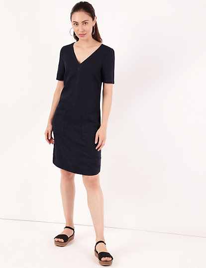 Linen Mix Plain V-Neck Dress