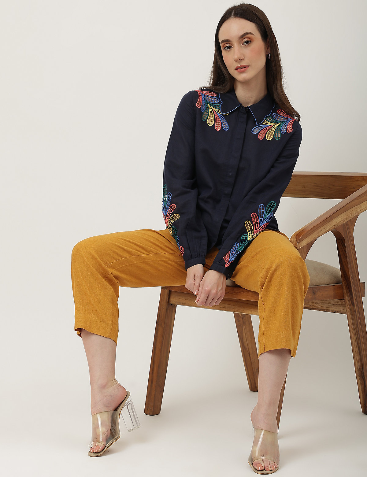 Linen Mix Embroidered Collared Neck Shirt