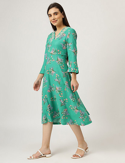 Linen Mix Floral Print V-Neck Dress