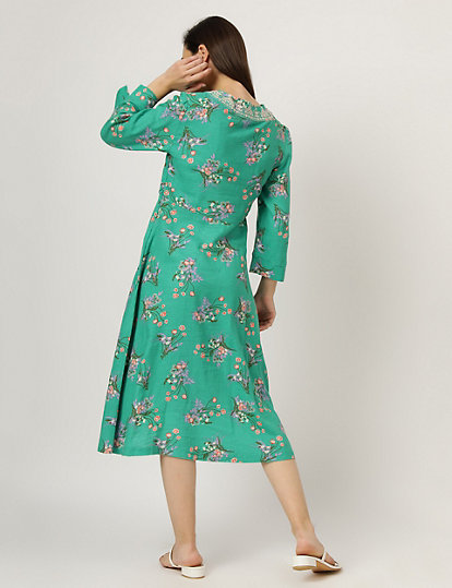 Linen Mix Floral Print V-Neck Dress
