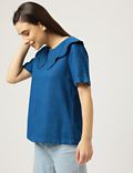 Linen Mix Embroidered Round Neck Top