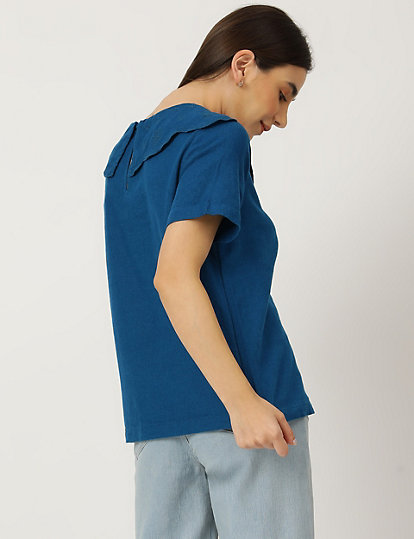 Linen Mix Embroidered Round Neck Top