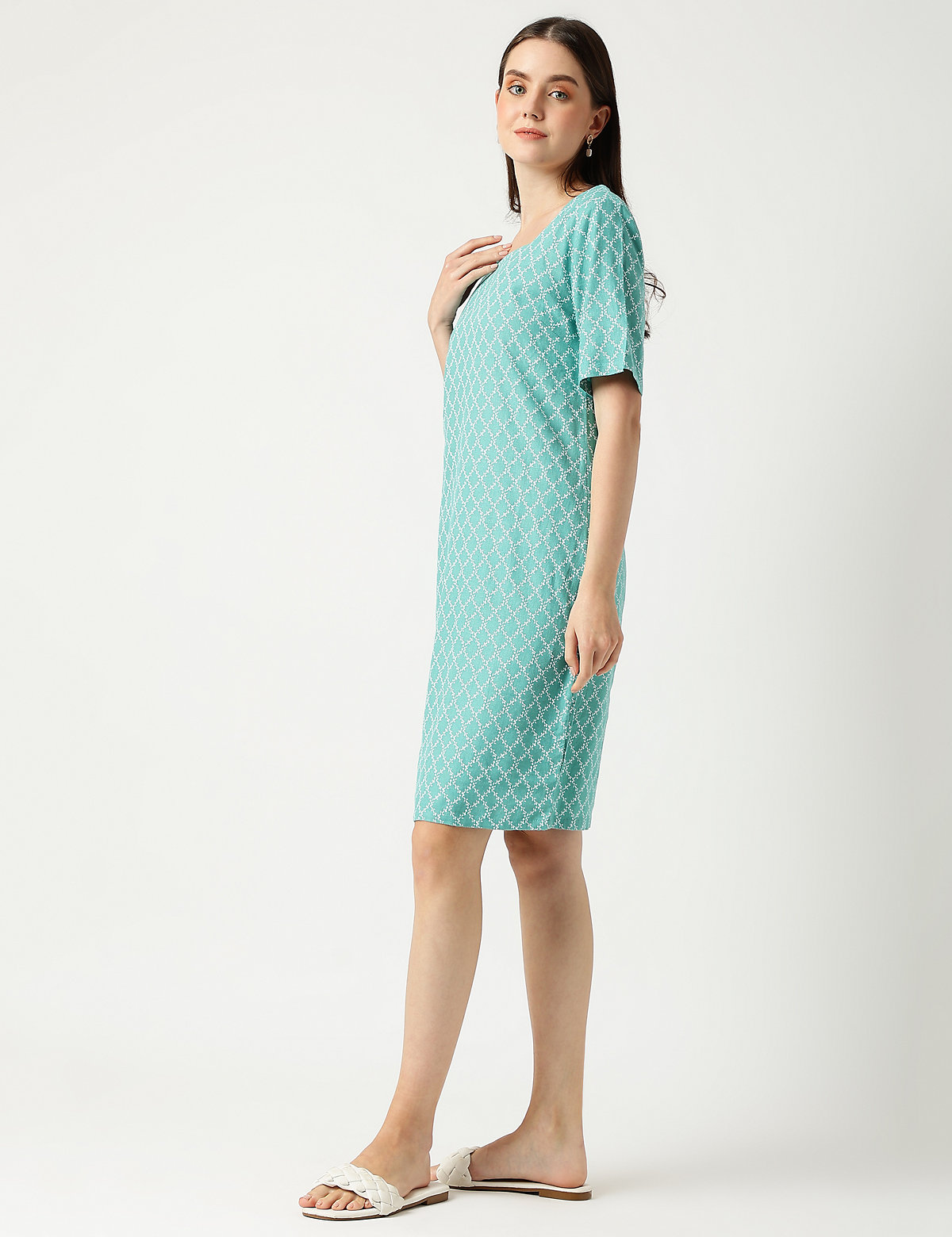 Linen Mix Printed Square Neck Dress