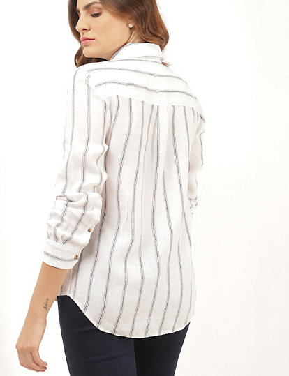 Pure Linen Striped Spread Collar Shirt