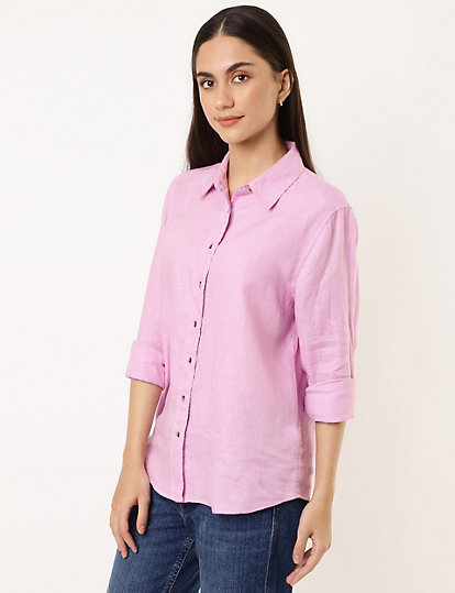 Pure Linen Plain Spread Collar Shirt